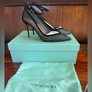 Aquazzura Asha Mesh Leather Pump 85 Black Heels – Size 37 – NIB
